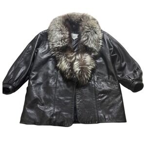 J. Percy for Marvin Richards Leather Jacket Womens S Black Fox Fur Good Vintage
